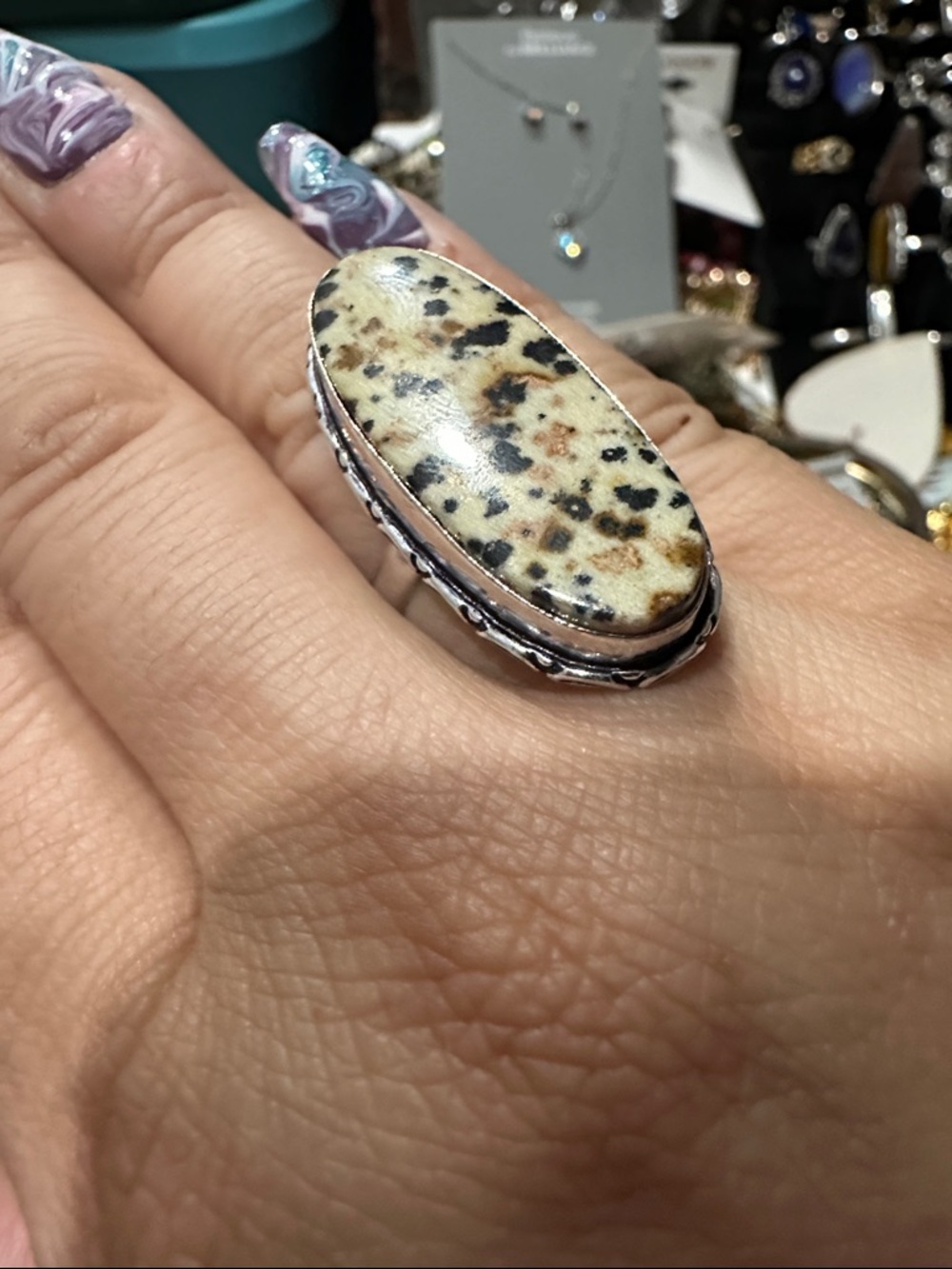 Dalmatian Jasper Oval Statement Ring in Silver - Cream and Black
